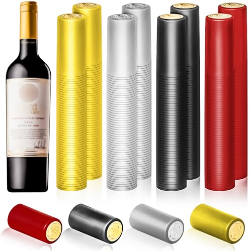 MotBach 240 Pcs Wine Heat Shrink Caps,Wine Sealer PVC Heat Shrink Capsules Wine Bottle Shrink Caps Wine Bottle Tops for Wine Cellars and Home Use (Black, Red, Gold, Silver)