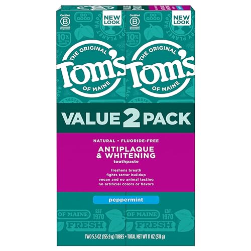 Tom's of Maine Fluoride-Free Antiplaque & Whitening Natural Toothpaste, Peppermint, 5.5 oz. 2-Pack