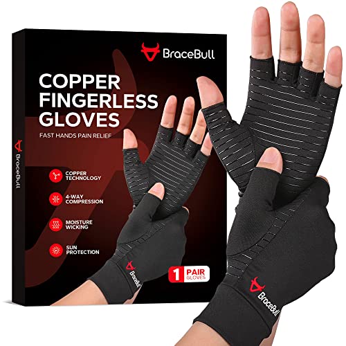 BraceBull Fingerless Compression Gloves (1 Pair), Copper Infused Arthritis Gloves for Women for Pain, Carpal Tunnel, RSI, Rheumatoid, Tendonitis, and Relieve Hand Pain for Women & Men (L, Black)
