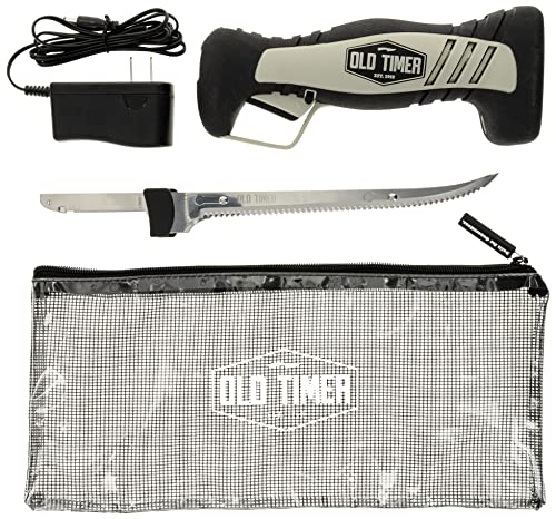 Old Timer Cordless Electric Fillet Knife with 8in Fully Serrated Stainless-Steel Blade, Trigger Lock, Rechargeable Battery, and Self Draining Case for Fishing, Meat Carving, Filleting, and Outdoors