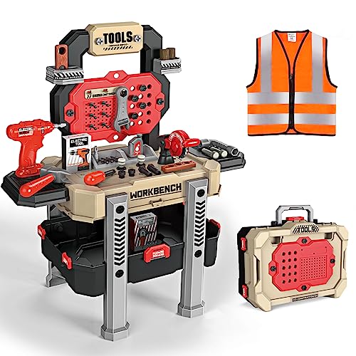 Deejoy Kids Tool Bench with Realistic Tools and Electric Drill, 79 Pcs Transformable Kids Tool Set with Clothes, Toddler Tool Bench Pretend Play Learning Gift for Boys & Girls Age 3-5 (Yellow)