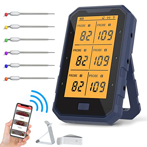 Wireless Meat Thermometer, Bluetooth Meat Thermometer For Grilling Digital BBQ Cooking Thermometer with 6 Probes, APP/Timer/Alarm Monitor Food Thermometer for Smoker Barbecue Oven Kitchen Turkey