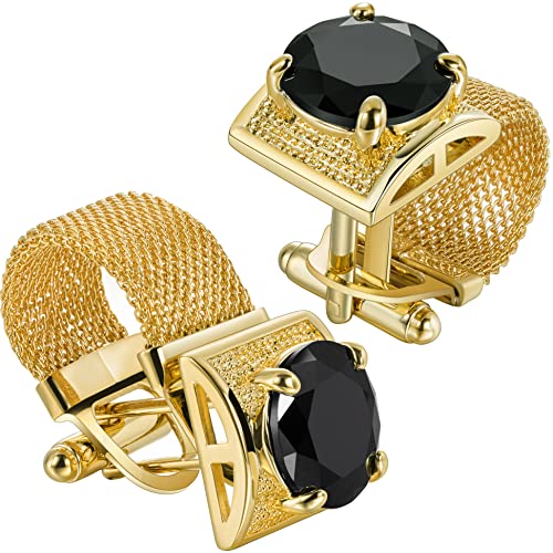 HAWSON Mens Cufflinks with Chain - Stone and Shiny Gold Tone Shirt Accessories - Party Gifts for Young Men