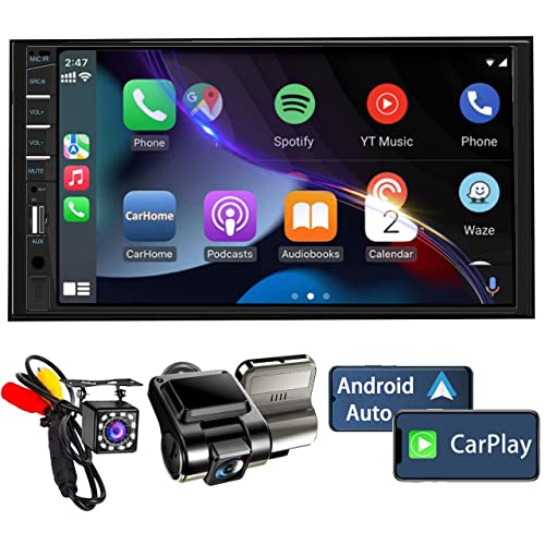 Double Din Car Stereo with Dash Cam | 7INCH Touchscreen Car Radio Receiver Support with Apple Carplay & Android Auto, Bluetooth, Backup Camera, Mirror Link, Voice Control, SWC, FM/USB/TF/AUX