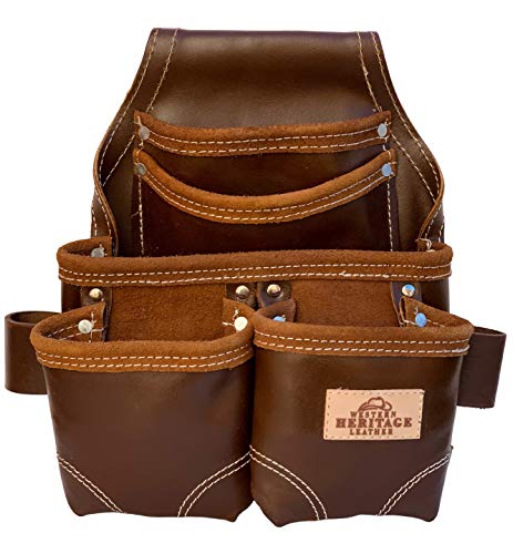Western Heritage | Heavy Duty Leather Tool Pouch Bag | Professional Grade | Carpenter, Construction, Framers, Handyman Tool Bag, Reinforced Seams, 5 Pockets, 2 Snap Loops (Brown)
