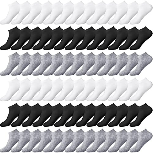 JaGely 100 Pairs Thin Low Cut Ankle Socks Bulk for Women Men Unisex Cotton Socks Breathable No Show Socks Casual Athletic Socks Pack Homeless Gifts Winter Christmas Black, Grey, White