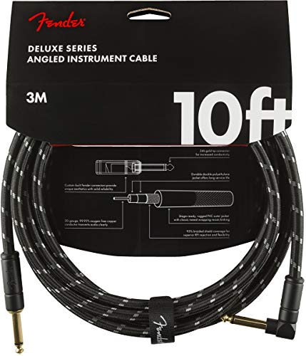 Fender Deluxe Series Instrument Cable, with Limited Lifetime Warranty, Straight/Angle, Black Tweed, 10ft
