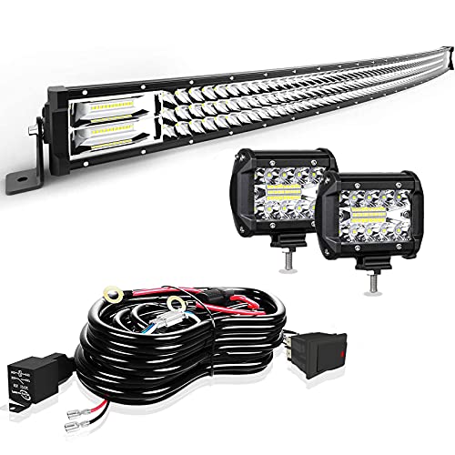LED Light Bar TURBO SII 50 Inch 684W Curved Triple Row Flood Spot Combo Beam Offroad Driving Light + 4 Inch 60W Led Pod Lights w/3-Leads Wiring Harness for Trucks ATV UTV Polaris Boats