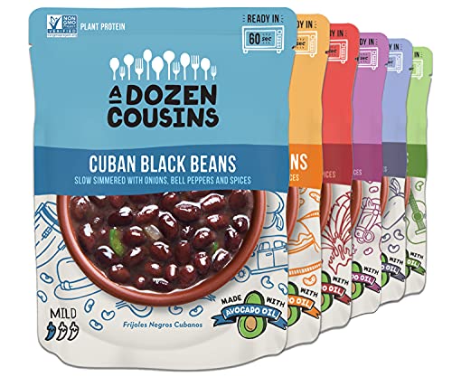 A Dozen Cousins Seasoned Microwave Beans Variety Pack - Black Beans, Garbanzo Beans, Refried Beans and More - Vegan and Vegetarian Non-GMO Meals Ready to Eat Made with Avocado Oil (6 Pack)