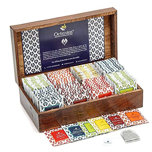 Octavius Wooden Caddy Tea Sampler Pack | Assortment of 3 Black & 3 Green Teas | 120 Enveloped Double Chamber Tea Bags | Tea Sampler Variety Pack | Perfect for Tea Lovers | Pack of 1