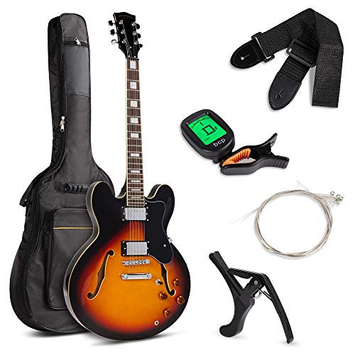 Best Choice Products Semi-Hollow Body Electric Guitar Set w/Dual Humbucker Pickups, 3-Way Pickup Selector, Case, Electronic Tuner, Capo, Strap, Picks, Cutaway Design - Sunburst