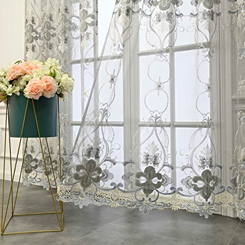 pureaqu Sheer Voile Curtain Grommet Top Panels 84 Inches Long for Bedroom Floral Embroidered Luxurious Semi Sheer Window Drapes for Patio Doors/Sliding Glass Door Grey 1 Panel 52Wx84L inch