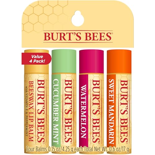 Burt's Bees Lip Balm Stocking Stuffers, Moisturizing Lip Care Christmas Gifts, Freshly Picked - Original Beeswax, Cucumber Mint, Watermelon, & Sweet Mandarin, 100% Natural (4-Pack)