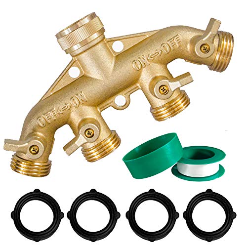 Hourleey Brass Garden Hose Splitter (4 Way), Solid Brass Hose Connector 3/4', Hose Spigot Adapter 4 Valves with 4 Extra Rubber Washers