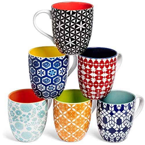 Annovero Coffee Mugs, Set of 6 Modern Colorful Cute Porcelain Mugs/Cups with Large Handle, for Women or Men, Great for Tea, Cocoa or Hot Chocolate, 16 Fluid Ounce Capacity