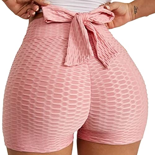 Butt Lift Short Bowknot Leggings For Women High Waisted Tummy Control Hot Pants Scrunch Workout Ruched Sexy Shorts (Light Pink,Large)