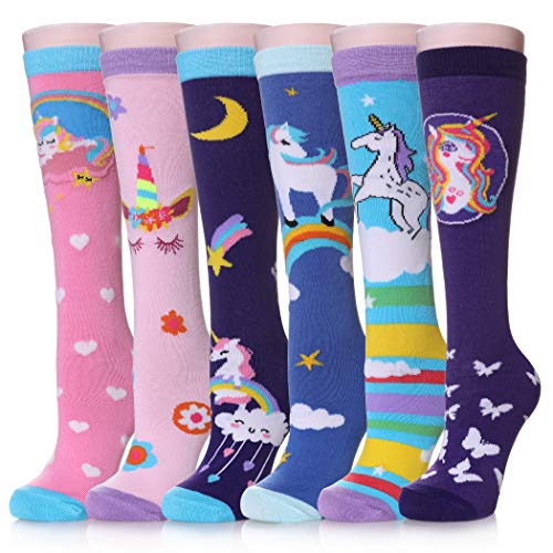 Color City Girls Socks Knee High Stockings Cartoon Animal Warm Cotton Socks (6 Pairs Unicorn C)