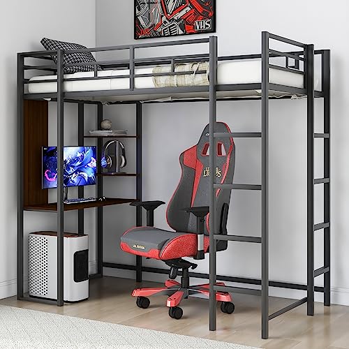 Merax Twin Metal Loft Bed with 2 Shelves and one Desk,Loft Bed Frame with 2 Built-in Laddersl,Noise Free,No Box Spring Neede,Black