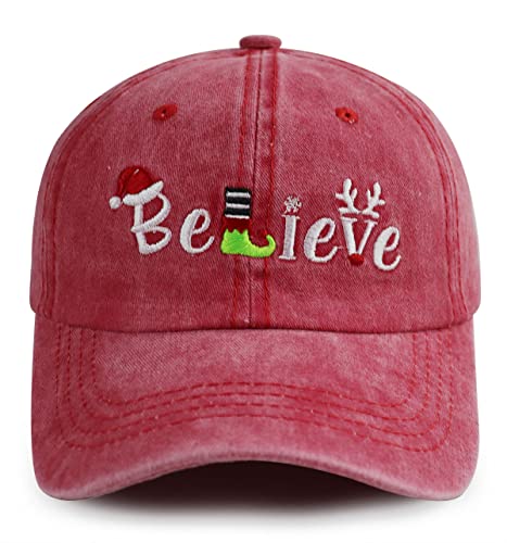 Christmas Santa Hat for Adults, Funny Believe Reindeer Elf Snowflake, Adjustable Washed?Cotton Baseball Cap for Men Women