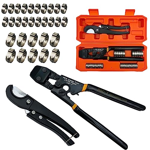 PEX Pipe Clamp Cinch Tool Crimping Tool Crimper for Stainless Steel Clamps from 3/8-inch to 1-inch with 1/2-inch 20PCS and 3/4-inch 10PCS SS PEX Clamps,with Pipe Cutter in Plastic Box