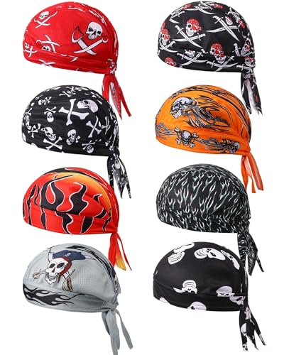 Foaincore 8 Pack Do Rag Skull Caps for Men Sweat Wicking Doo Rags Cooling Helmet Liner Cycling Motorcycle Bandana (Skull Style)