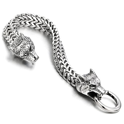COOLSTEELANDBEYOND Biker Mens Stainless Steel Wolf Head Franco Link Curb Chain Bracelet with Spring Ring Clasp 9.06 Inch