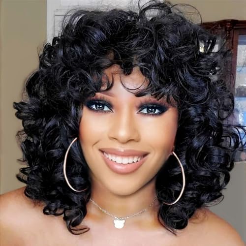 andromeda Curly Wigs for Black Women Soft Short Curly Wig with Bangs Afro Loose Curls Heat Resistant Synthetic Wig for African American Women (Black)