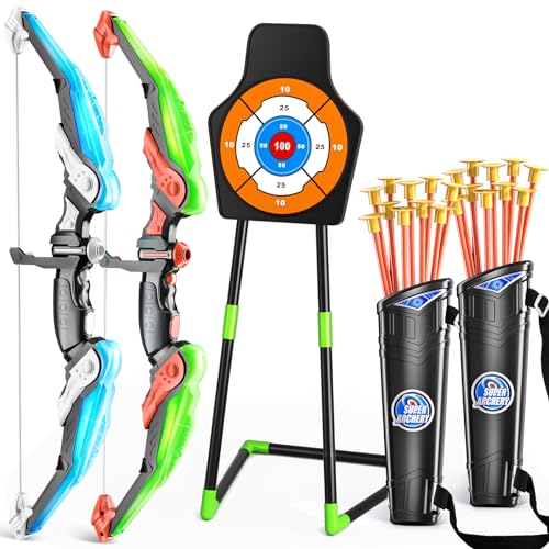 TEMI 2 Pack Archery Set - Includes 2 Bows, 20 Suction Cup Arrows & 2 Quivers & Standing Target, Outdoor Light Up Toys for Kids Boys Girls