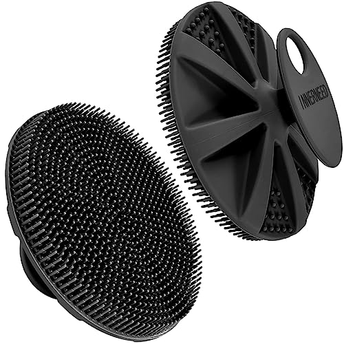 INNERNEED Food-grade Soft Silicone Body Scrubber Shower Brush Handheld Cleansing Skin Brush, Gentle Exfoliating and Lather Well (Black)
