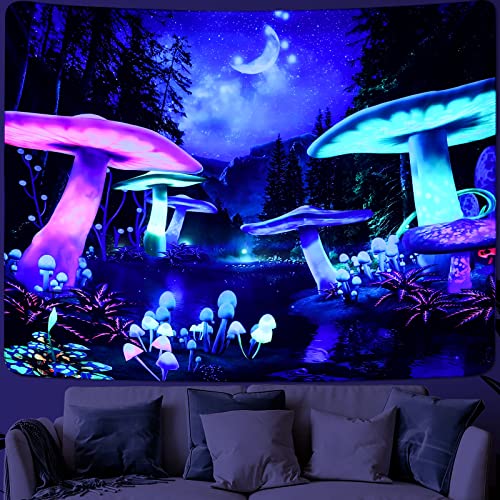 MitoGadget Blacklight Tapestry for Bedroom Aesthetic, Trippy Tapestry UV Reactive Galaxy Space Glow In the Dark, Fantasy Forest Moon Wall Tapestry for Dorm Living Room Decor, 59.1ʺ x 51.2ʺ