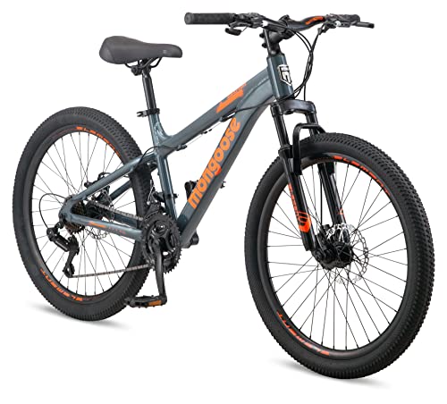 Mongoose Grafton Boys and Girls Mountain Bike, Hardtail, 21-Speed Drivetrain, 14.5-Inch Aluminum Frame, 24-Inch Wheels, Grey