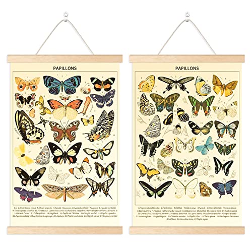 Chenkaiyang 2 Pcs Vintage Butterfly Hanging Poster,Butterfly Wall Hanging Rustic Retro Wall Art Prints Butterfly Chart Poster for Living Room Decor,15.7 X 23.6 Inch