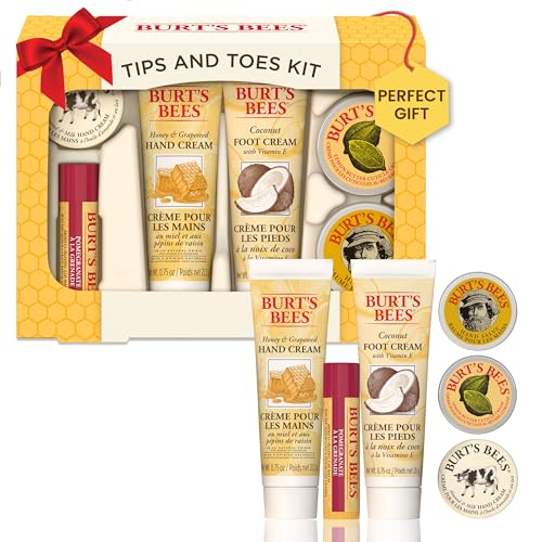 Burt's Bees Christmas Gifts, 6 Skincare Stocking Stuffers Products, Tips & Toes Set - Pomegranate Lip Balm, Almond Milk & Honey Hand Creams, Coconut Foot Cream, Lemon Butter Cuticle Cream & Hand Salve