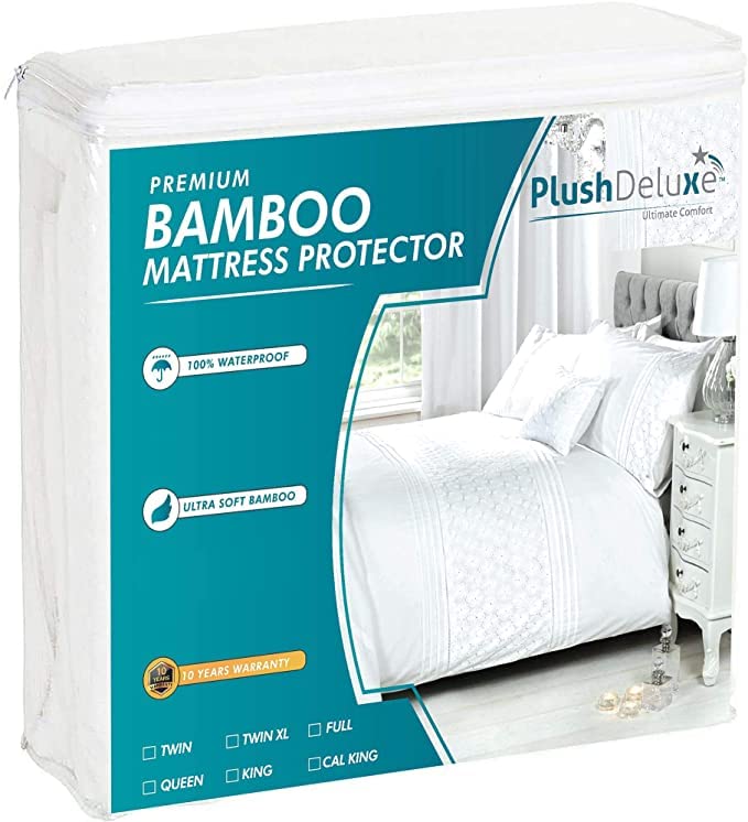 PlushDeluxe Premium Bamboo Mattress Protector – Twin Size, Waterproof, & Ultra Soft Breathable Noiseless Washable Bed Mattress Cover for Comfort & Protection - White