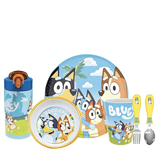 Zak Designs Bluey Kids Dinnerware Set Includes Plate, Bowl, Tumbler, Water Bottle, and Utensil Tableware, Made of Durable Material and Perfect for Kids (6 Piece Gift Set, Non-BPA)