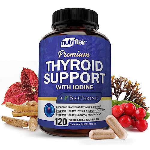 Thyroid Support Complex with Iodine, Black Pepper - 120 Capsules - Energy & Focus Supplement Formula for Women and Men, Boosts Brain Function & Metabolism, Concentration - Pills with B12, Ashwagandha