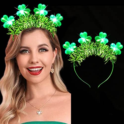 JEAIRTS St. Patrick's Day Headband Led Shamrock Hair Band Light-up Lucky Clover Irish Headpiece Glowing Festive Costume Headwear Green Hair Accessories for Women and Girls