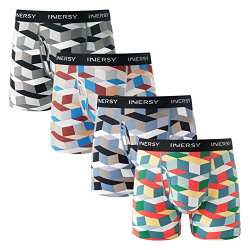 INNERSY Men's Mesh Boxer Briefs Cooling Breathable Sports Underwear W/Fly 4-Pack(Geometrical Patterns,Medium)