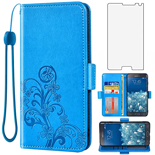 Asuwish Compatible with Samsung Galaxy Note Edge Wallet Case and Tempered Glass Screen Protector Flip Purse Accessories Wrist Strap Card Holder Cell Phone Cover for Gaxaly NoteEdge N915 SM-N915A Blue