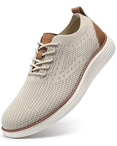 VILOCY Men's Casual Dress Sneakers Oxfords Business Shoes Lace Up Lightweight Comfortable Breathable Walking Knit Mesh Fashion Sneakers Tennis Beige,US11 EU44