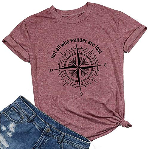 Women Not All Who Wander are Lost T-Shirt Athletic Shirts Casual Short Sleeve Funny Letters Compass Graphic Tees(Red L)