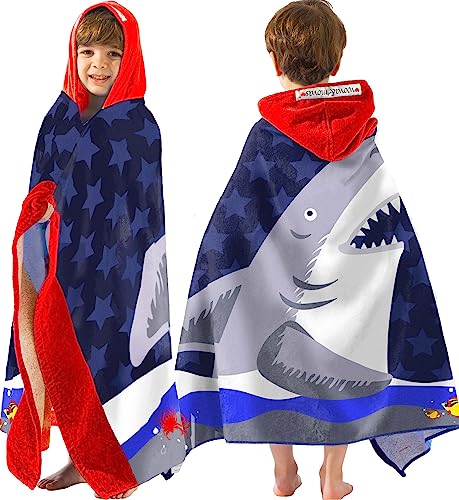 VOOVA & MOVAS Kids Hooded Bath Towels | Soft Thick Absorbent Cotton (30X50 inches) Beach, Bath, Pool Towels with Hood for Boys and Girls Ages 3-10 for Toddler, Large Big White Shark