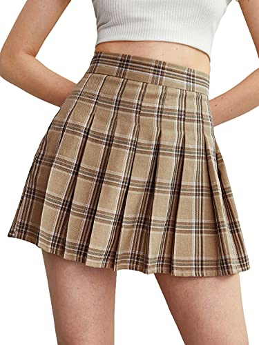 WDIRARA Women's Casual Plaid High Waist Pleated A-Line Uniform Mini Skirt Khaki M