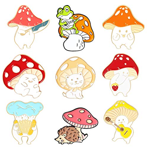 Cartoon Mushroom Enamel Pins Set,Cute Plant Lapel Pins for Women Funny Frog Hedgehog Cat Brooches Pin Badges for Backpack Accessories Supplies DIY Crafts