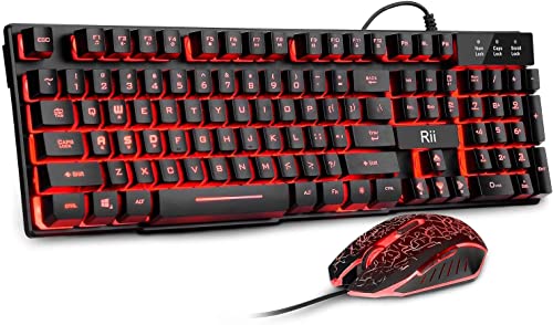 Rii Gaming Keyboard and Mouse Set, 3-LED Backlit Mechanical Feel Business Office Keyboard Colorful Breathing Backlit Gaming Mouse for Working or Primer Gaming,Office Device (RK108)