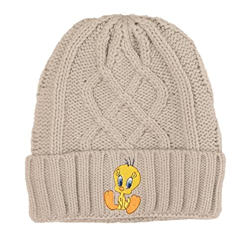 Looney Tunes Adult Cable Knit Cuffed Beanie with Embroidered Tweety Bird Patch, Grey