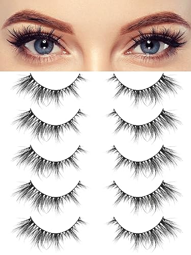 Siligli Cat Eye False Eyelashes Manga Lashes Natural Look 15mm Wispy Lashes with Extra Thin Band, Fluffy 3D Volume Fake Eyelashes, Anime Soft Lashes Pack Faux Mink False Eyelashes, 5 Pairs
