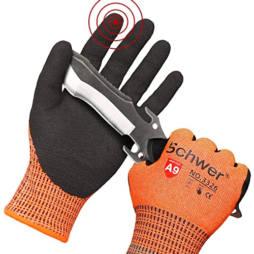 Schwer Highest Level Cut Resistant Work Gloves for Extreme Protection, ANSI A9 Working Gloves with Sandy Nitrile Coated, Touch-screen, Compatible, Durable, Machine Washable, Hi- Vis Orange 1 Pair（L）