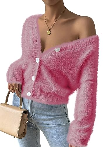 Pink Queen Women's Elegant V-Neck Button Down Cropped Cardigan Long Sleeve Lightweight Fuzzy Sweater Carnations L