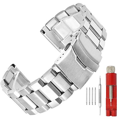 SINAIKE 22mm Silver Brushed Wrist Band Stainless Steel Replacement Watch Band with Push Button Safety Buckle